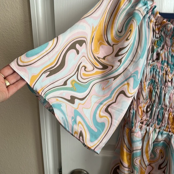 Chenault Smocked Swirl Print Top Flutter Sleeve‎ Blouse Bohemian Chic Size L - Picture 4 of 8